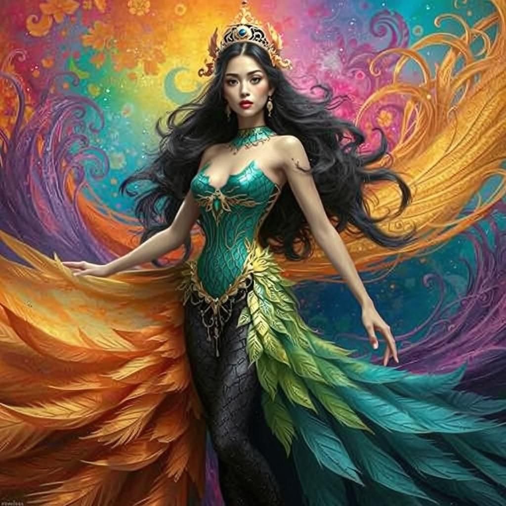 Dragon Peacock Woman in Abstract Expressionist Style