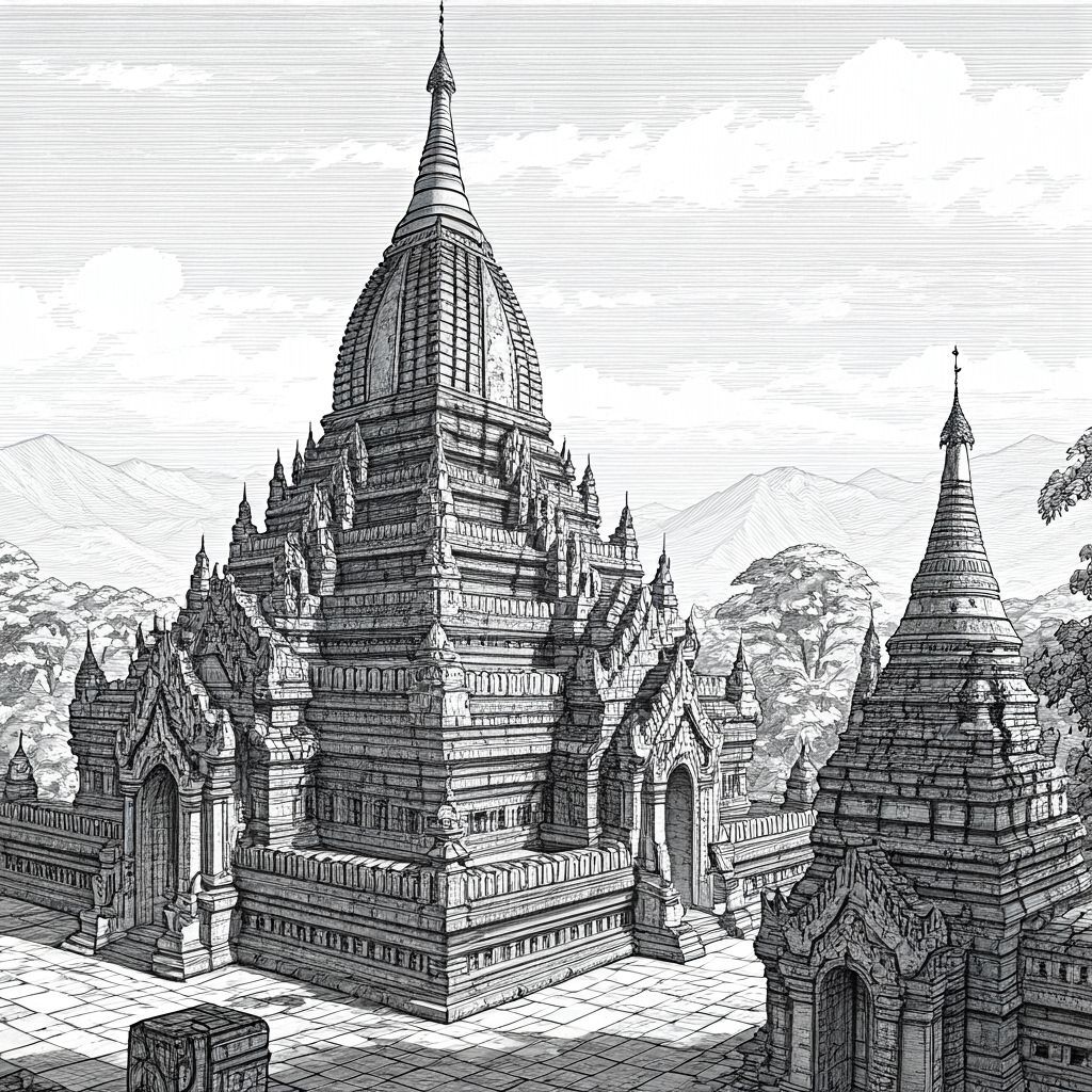 Ancient Myanmar Temple in Misty Mountains, Black and White O...