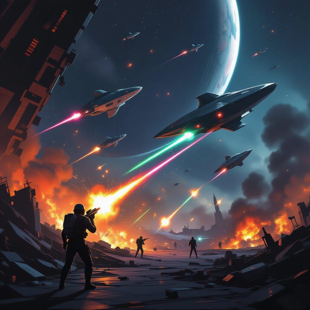 Space Ships Battle Amidst Wreckage in Deep Space