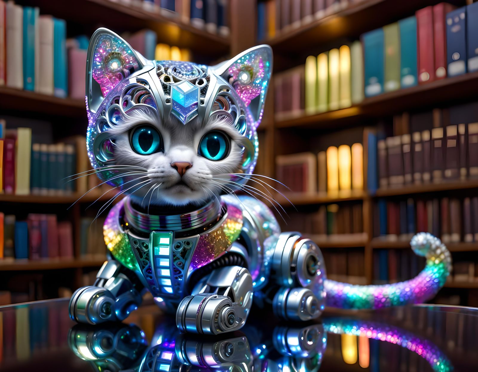 Robot Kitty with Fractal Ice in Library: HDR