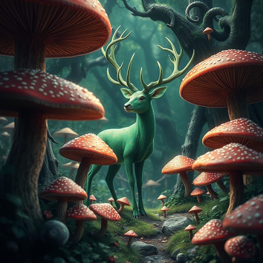 Magical Green Deer in Whimsical Forest