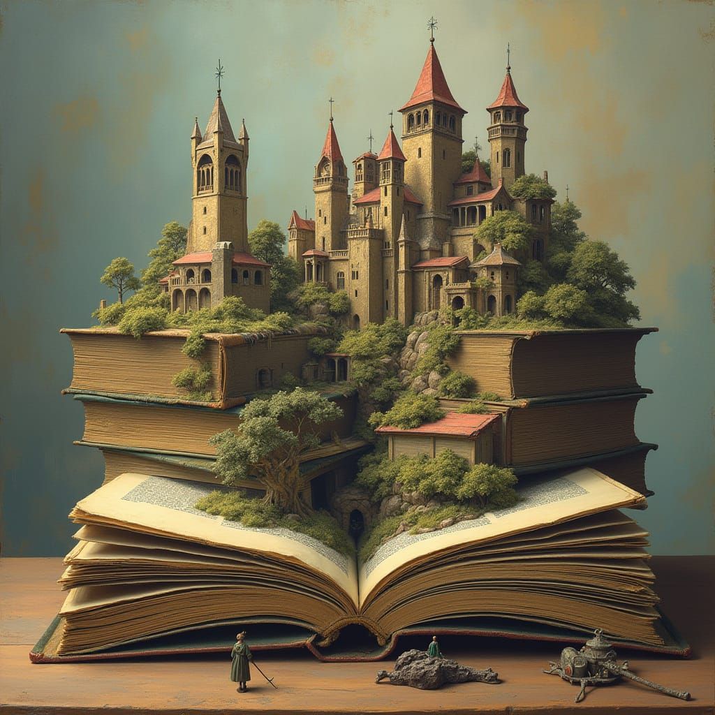 Surreal Landscape Inside Old Books, Detailed Illustration