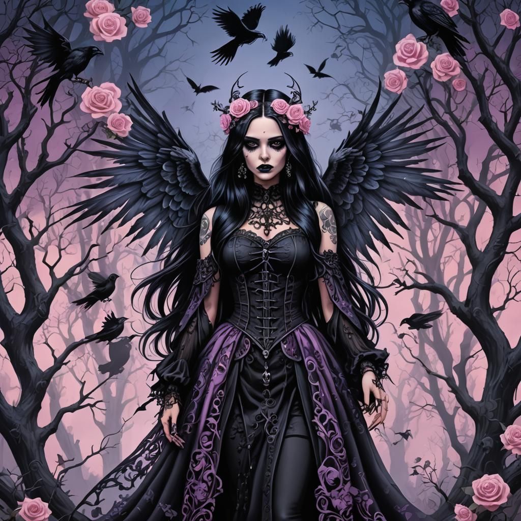 Gothic Fairy with Raven and Skulls Digital Art