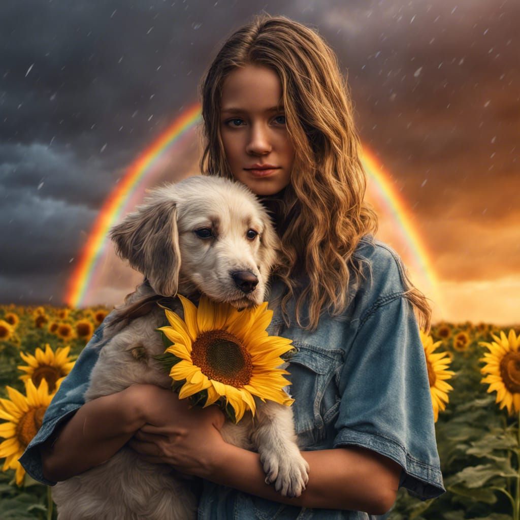Angel with Puppy in Sunflowers, Rainbow, Hyperrealistic
