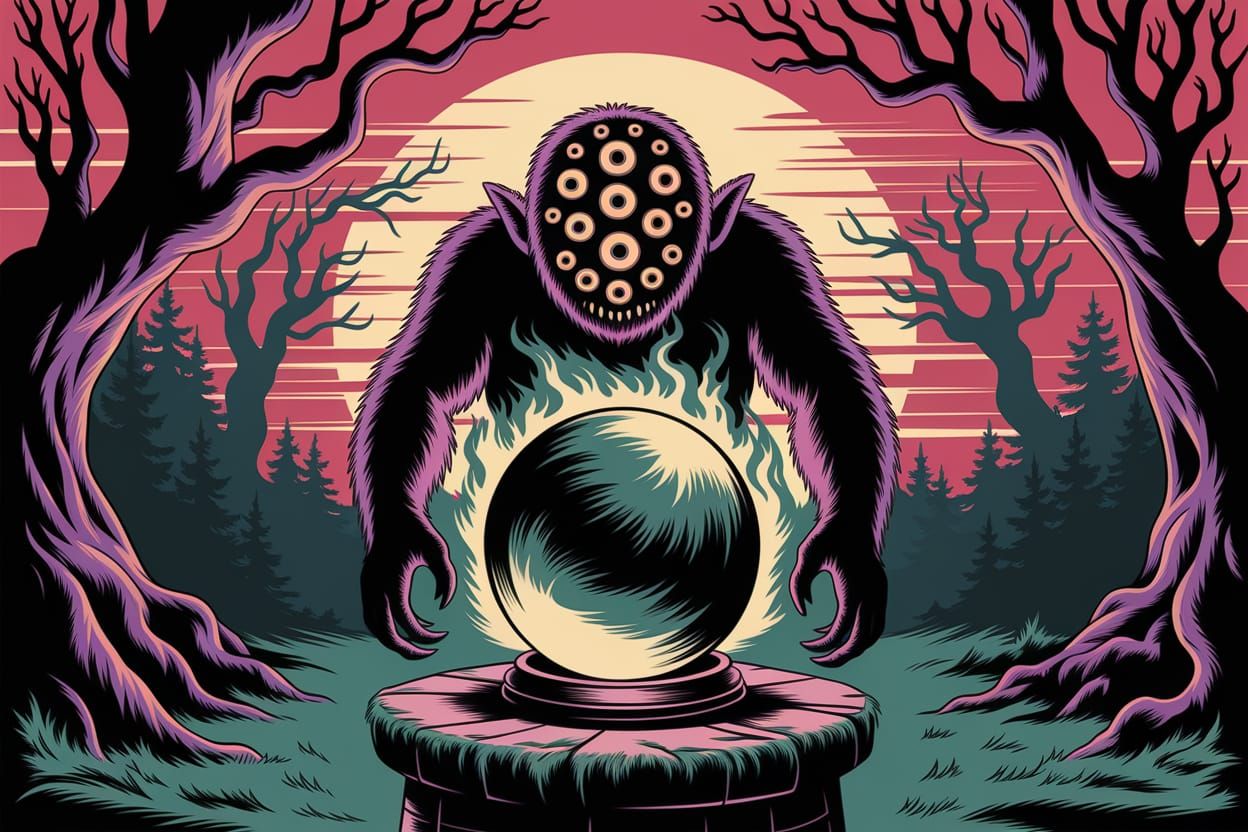 Haunting Monster with Many Eyes in Fiery Sunset Glow