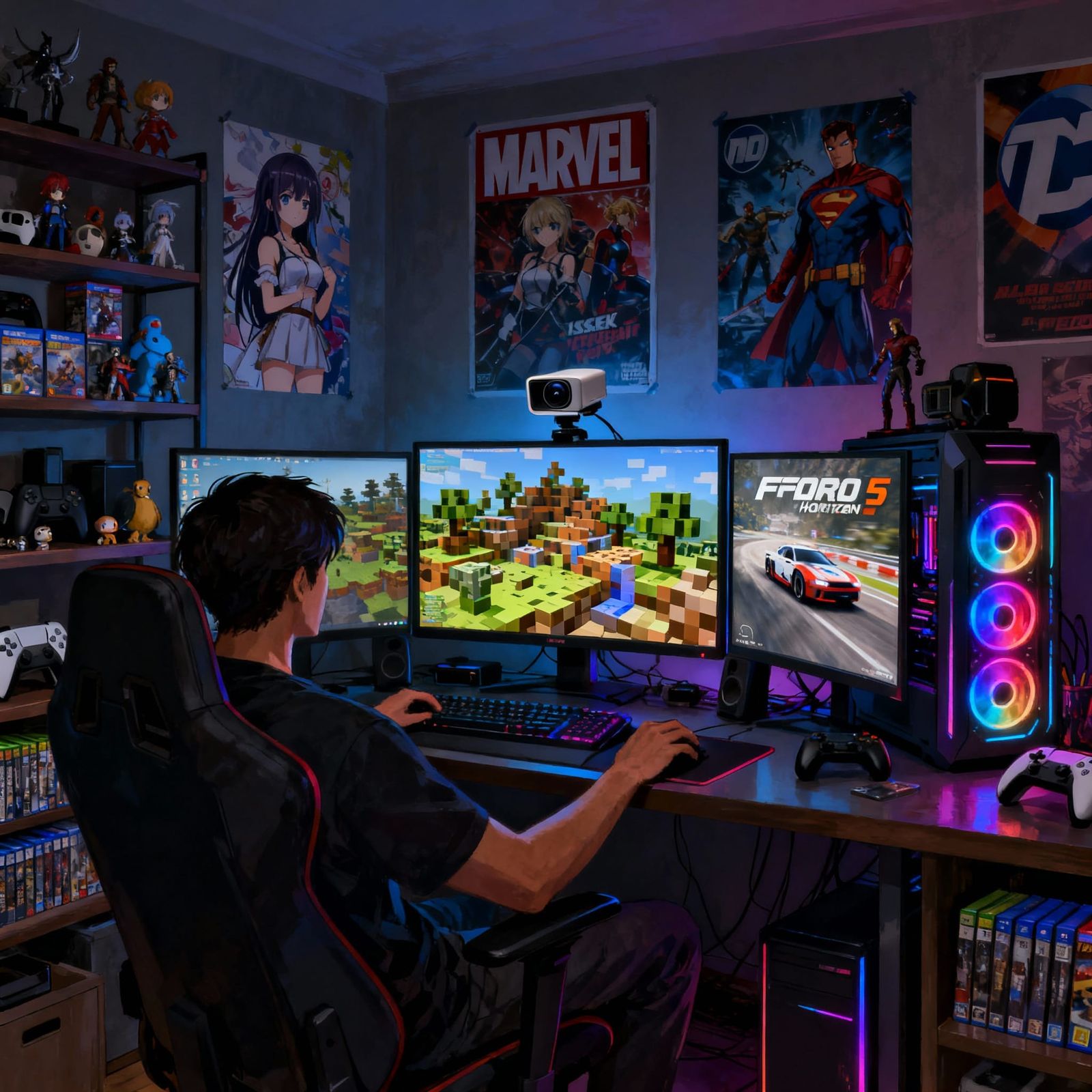Gamer's Den: Dimly Lit Room with RGB & Anime Posters