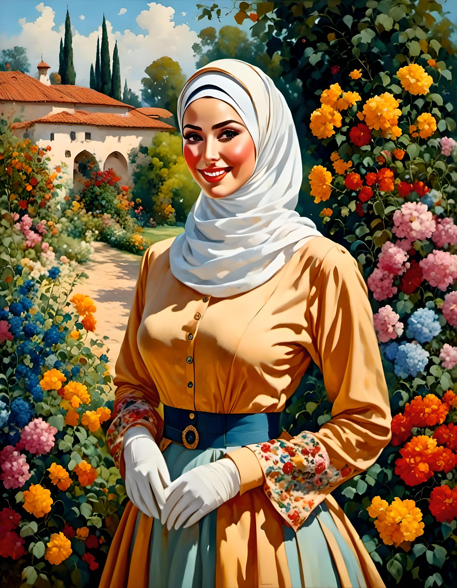 Elegant Hijabi Portrait in a Garden, Oil-Guache Style