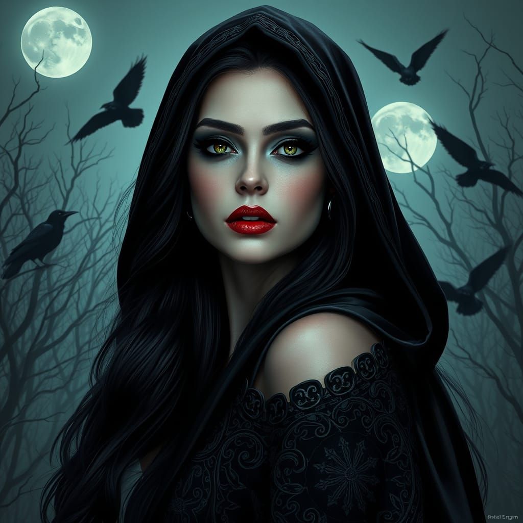 Mystical Goddess in Haunting Landscape with Ravens