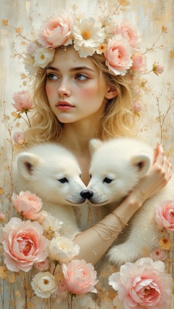 Ethereal Fairy with Polar Bear Cub in Oil Painting