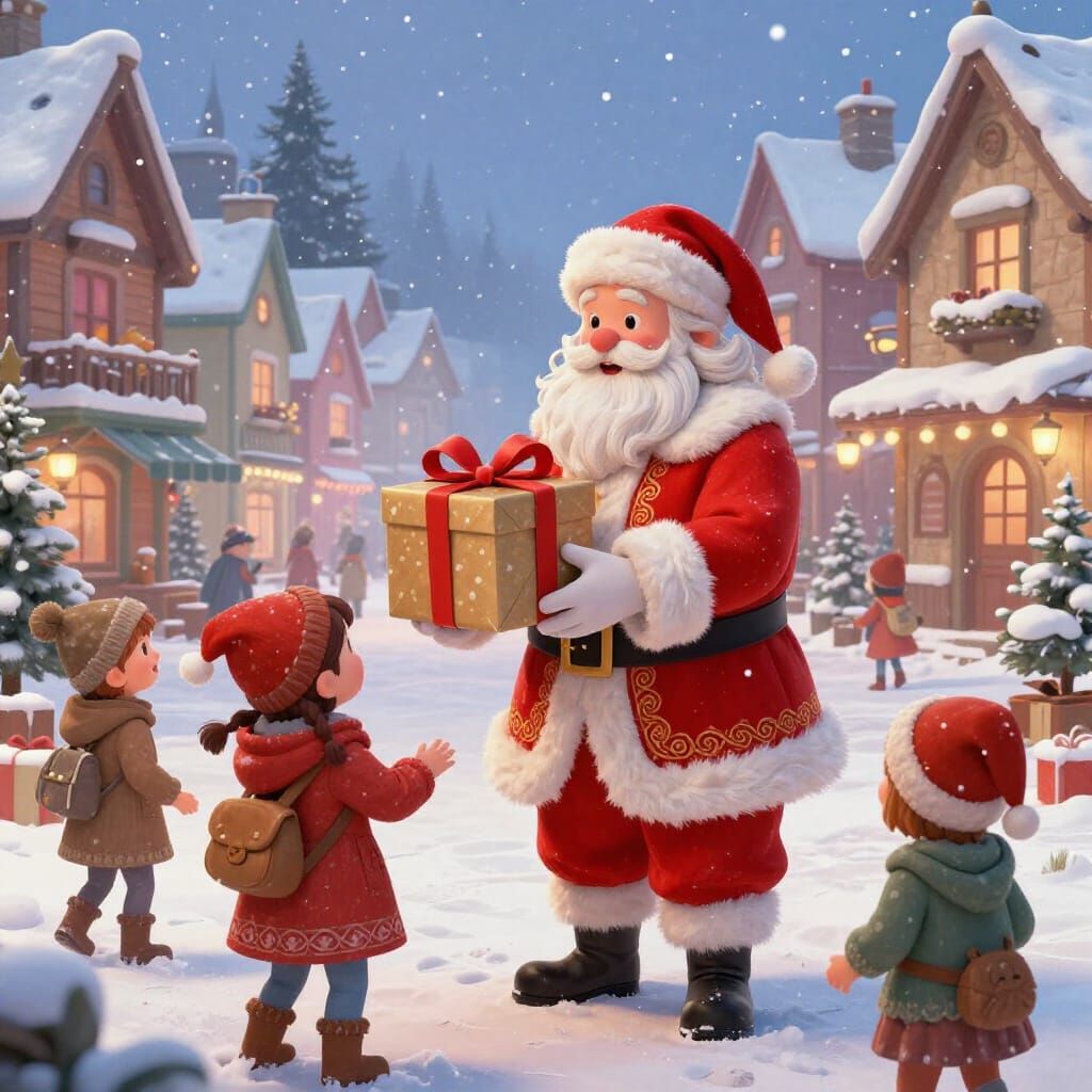 Santa Delivers Gifts in a Vibrant Snowy Town