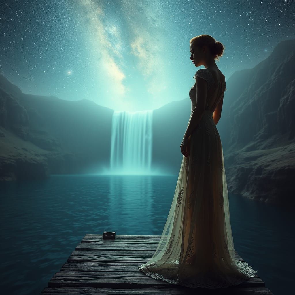 Ethereal Woman at Waterfall's Edge