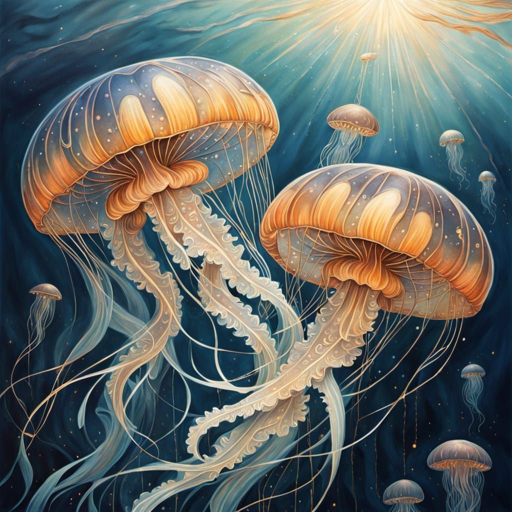 Bioluminescent Jellyfish in Starlit Ocean: Gouache Painting