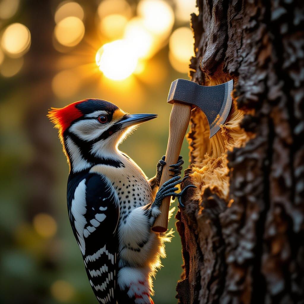 Rare Hatchet-Headed Woodpecker With Axe-Like Beak