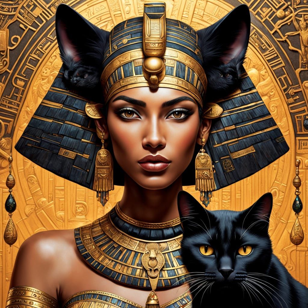 Egyptian Goddess with Black Cat Head and Sistrum