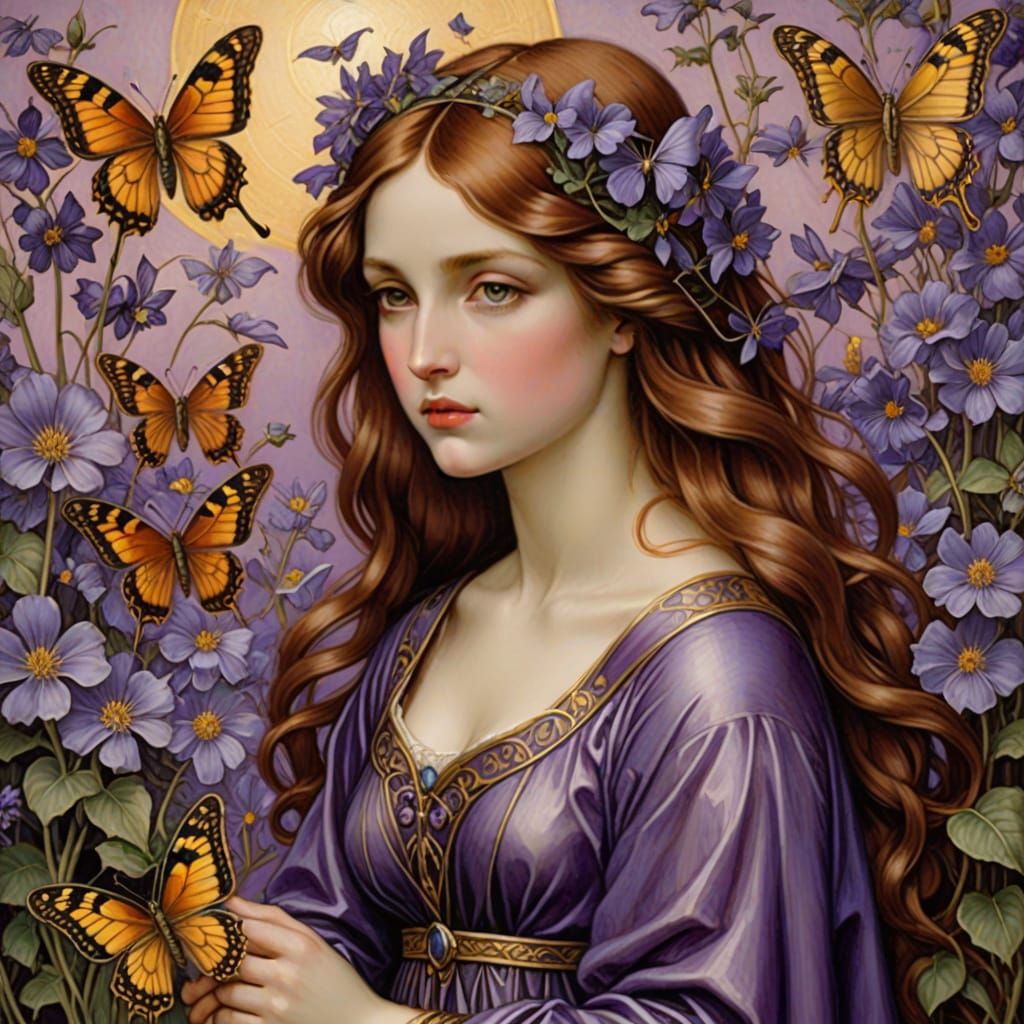 Butterfly on Violet: A Romantic Pre-Raphaelite Painting