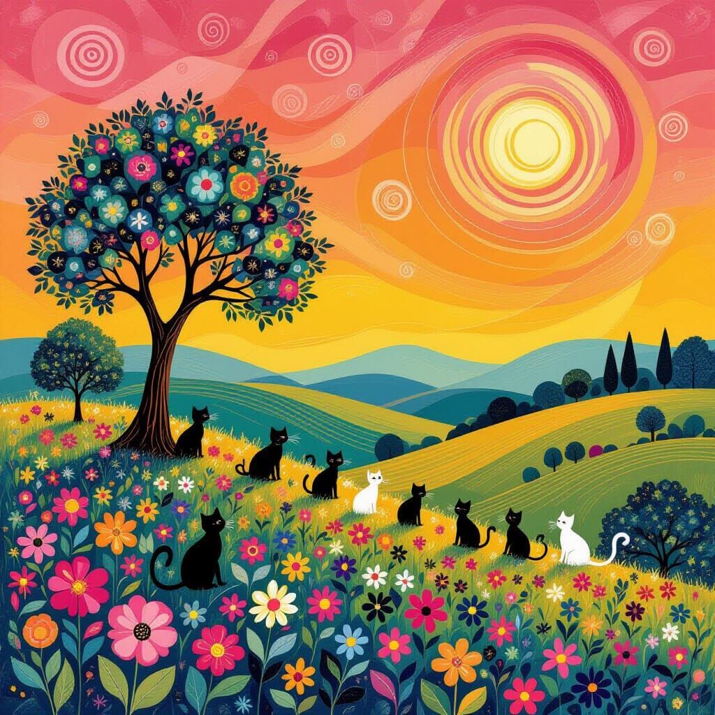 Whimsical Cats on Blooming Hillsides in Klimt-Inspired Fract...