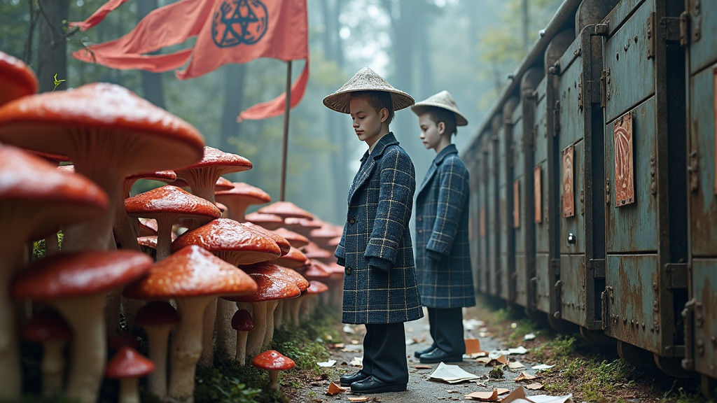Dystopian Bureaucrats Counting Giant Mushrooms