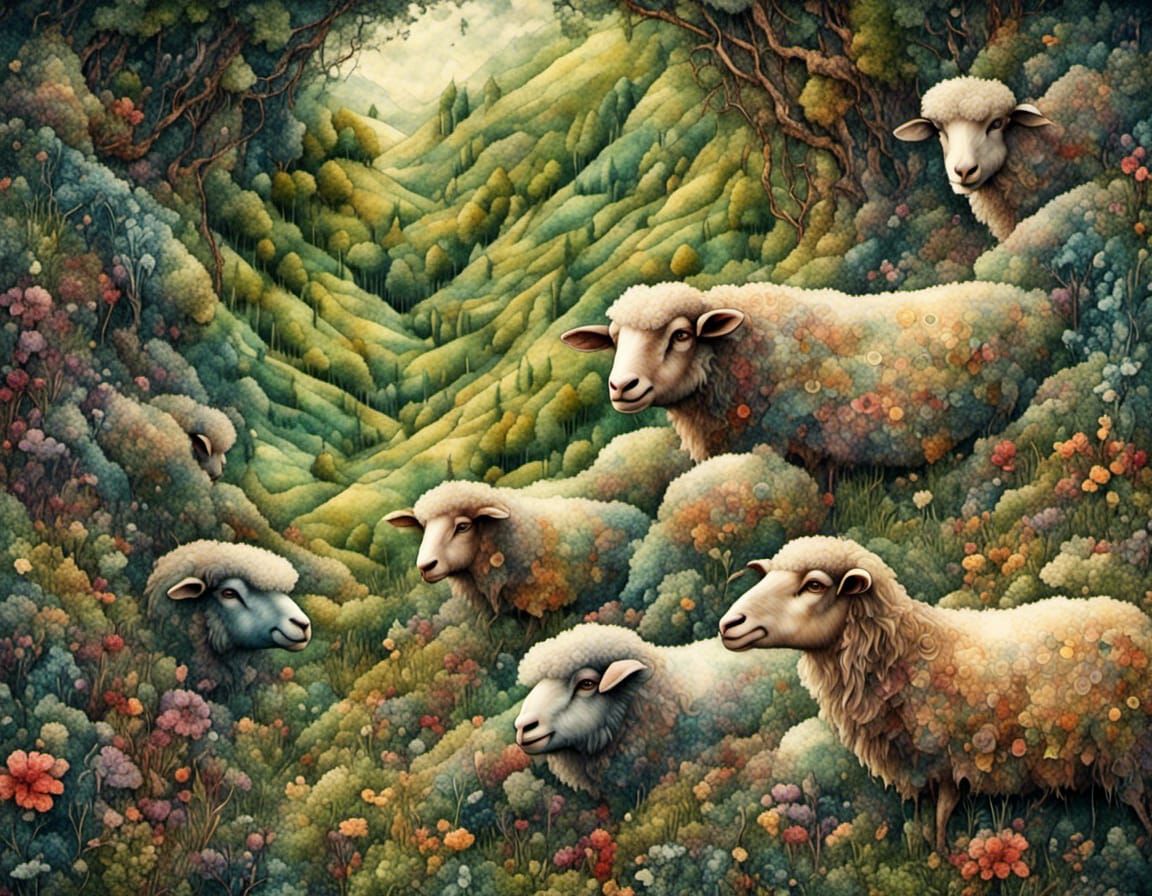 Happy Sheep Grazing in Dreamy Landscape