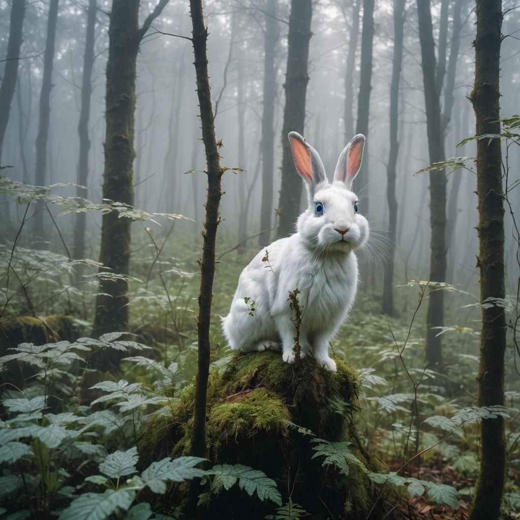 Rabbit in Misty Forest at Dawn