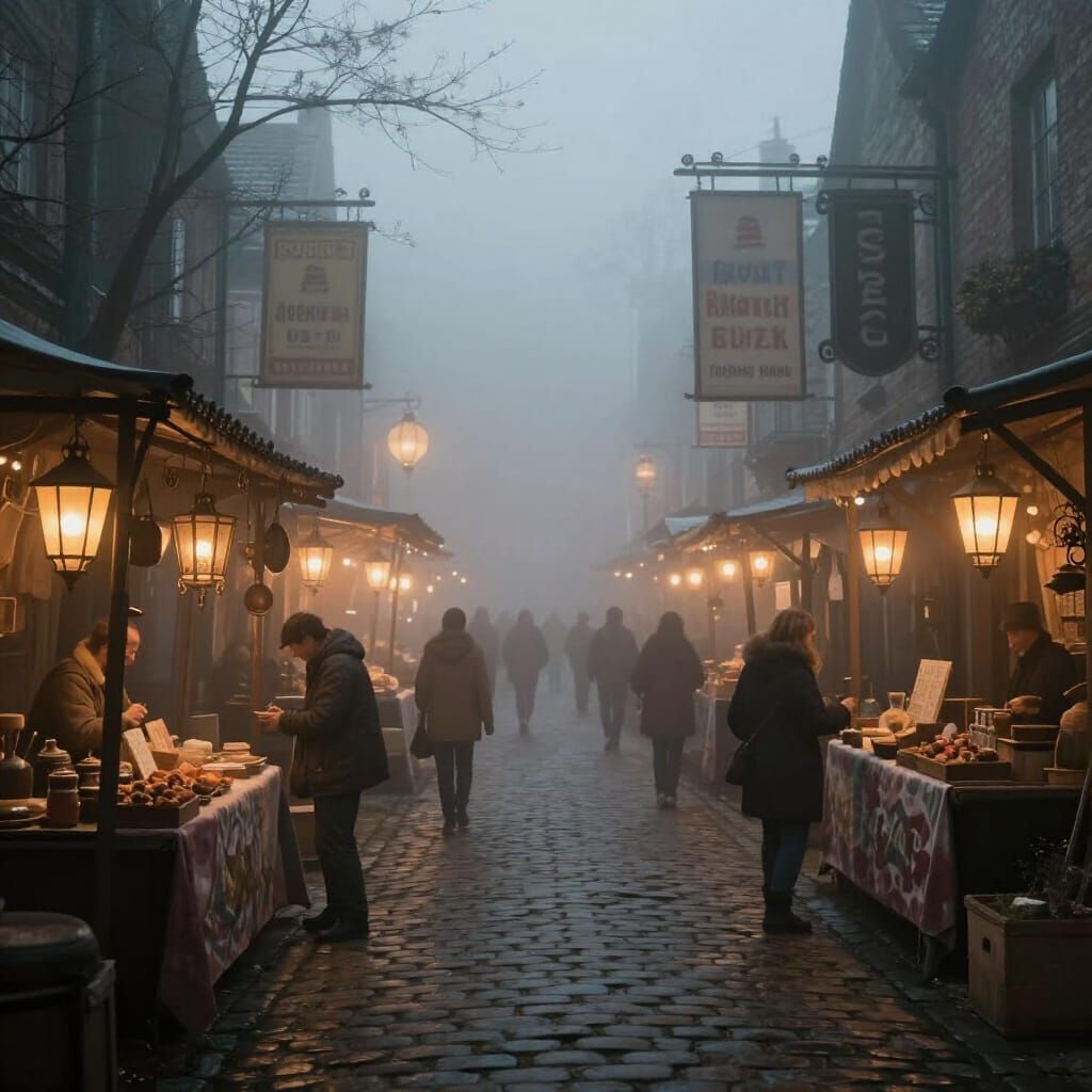 Ethereal Fantasy Street Market in Dense Fog