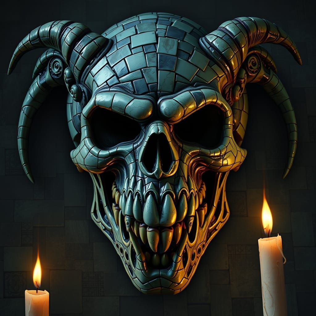 Surreal Skull Monster in Dark Byzantine Mosaic