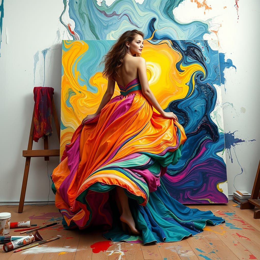 Woman Emerges from Vortex of Paint in Dreamlike Studio Scene