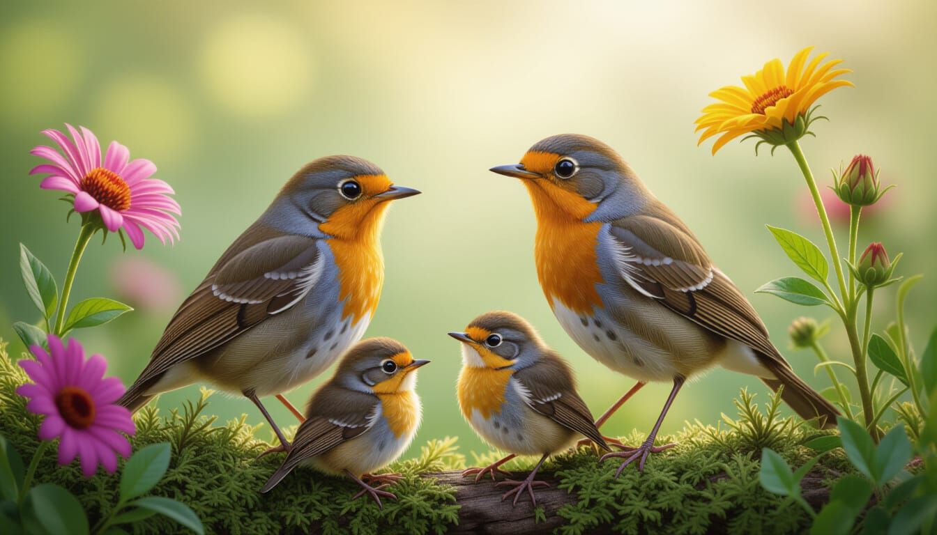 Surreal Garden Scene with Proud Robins