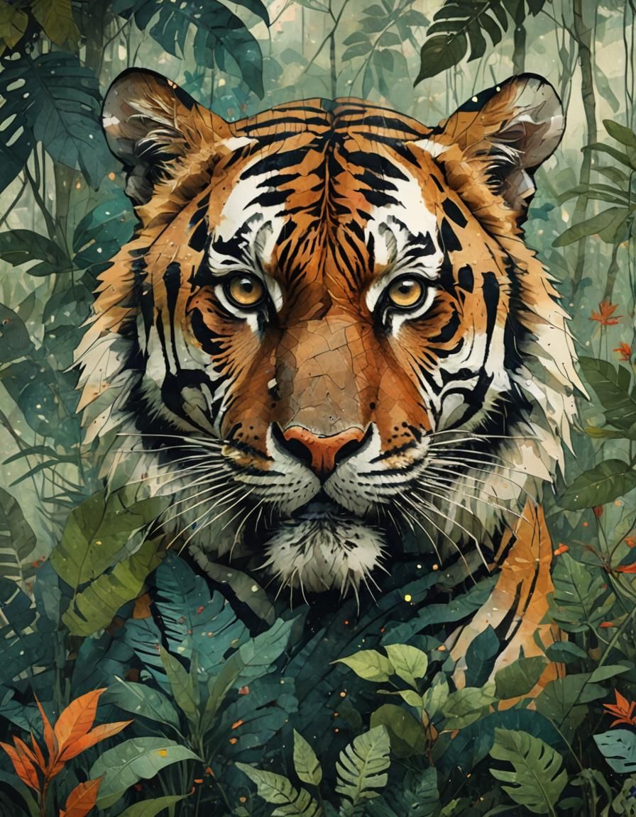 Tiger Head with Galaxy Double Exposure