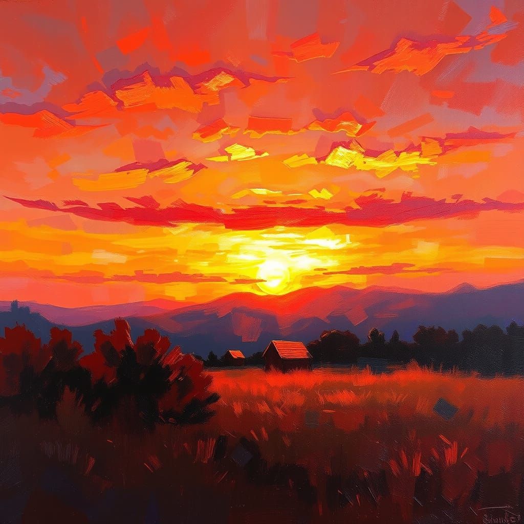Surreal Crimson Sunrise in Expressive Oil