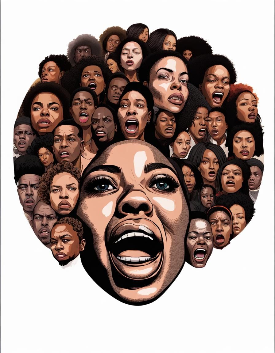 Frightened Woman with Faces of Departed Celebrities