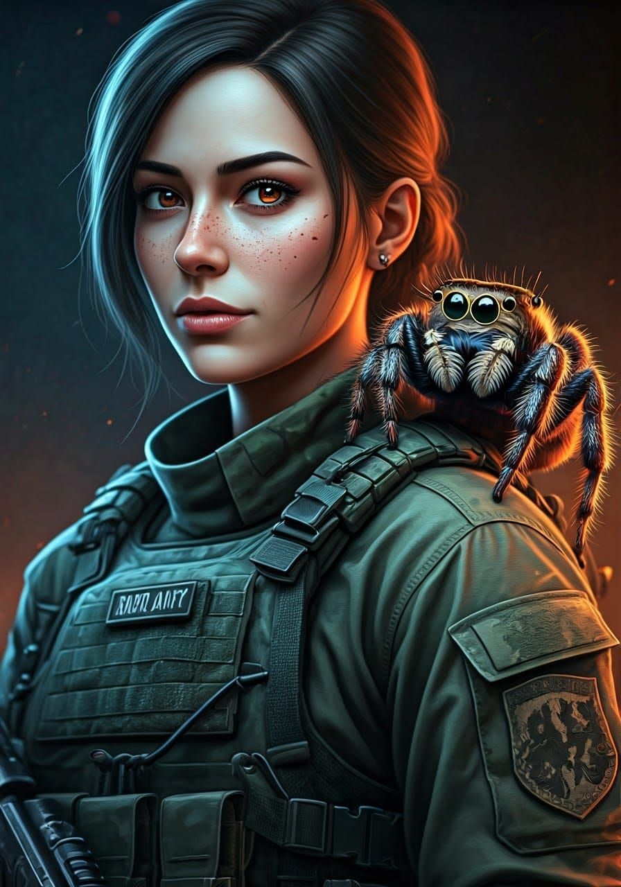 Confident Warrior with Fuzzy Spider Ally in Urban Warfare