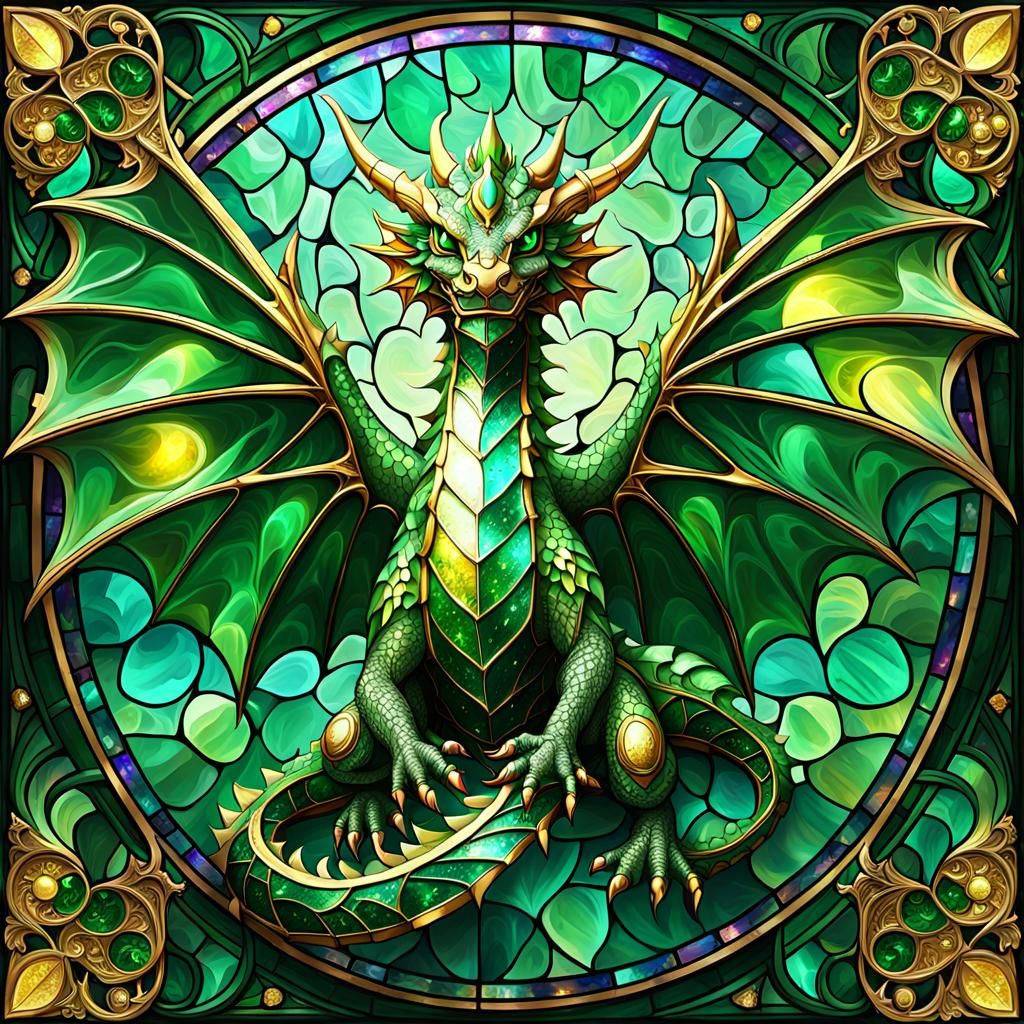 Shimmering Stained Glass Dragon with Fractal Gems