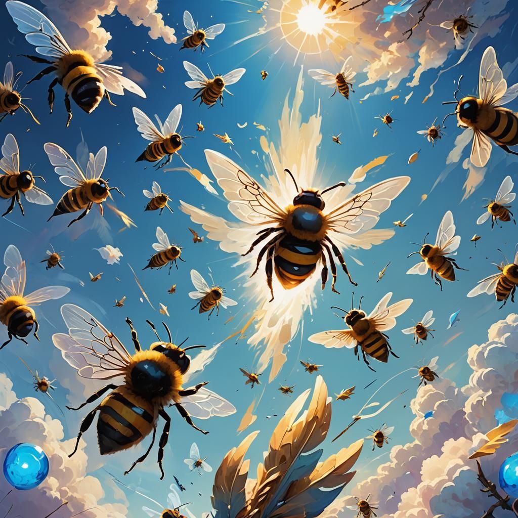 Dynamic Concept Art: Bees, Birds, and Glowing Orb