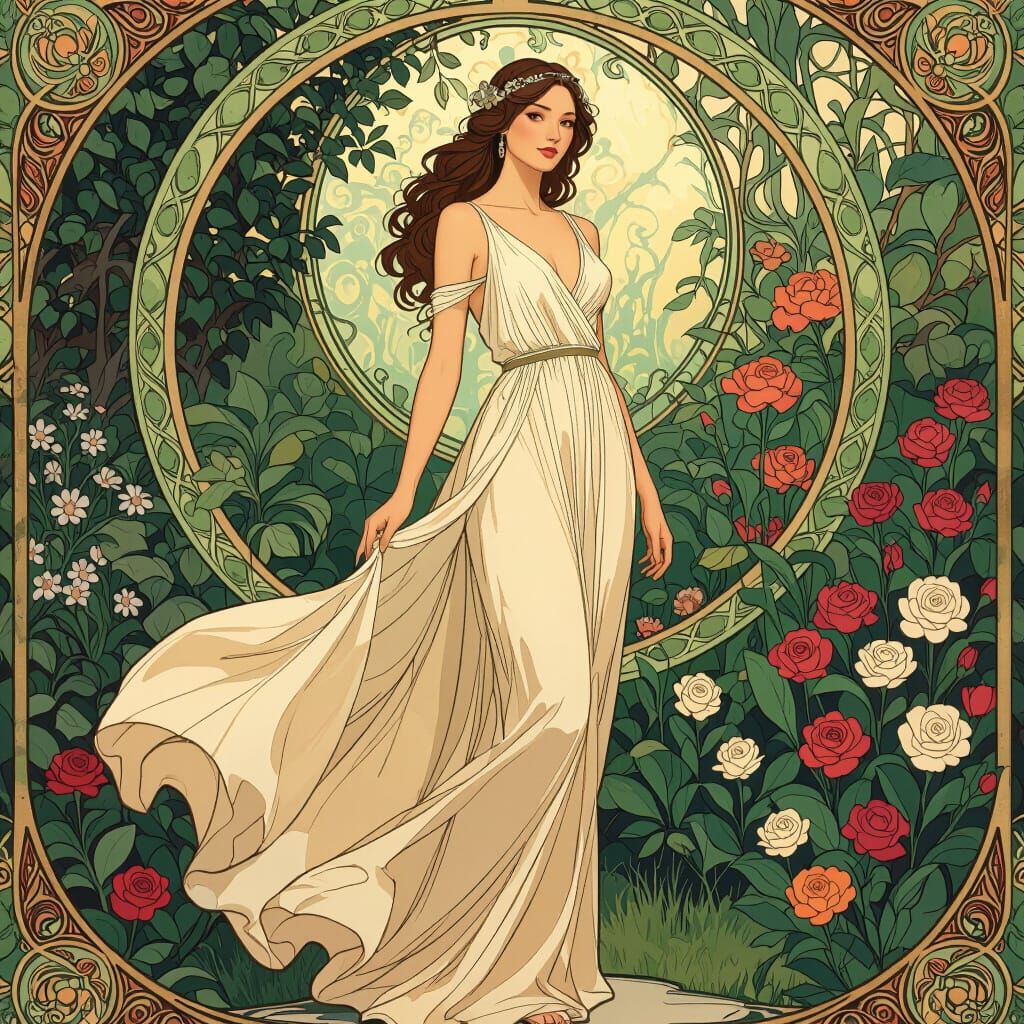 Elegant Woman in Garden, Art Nouveau Style
