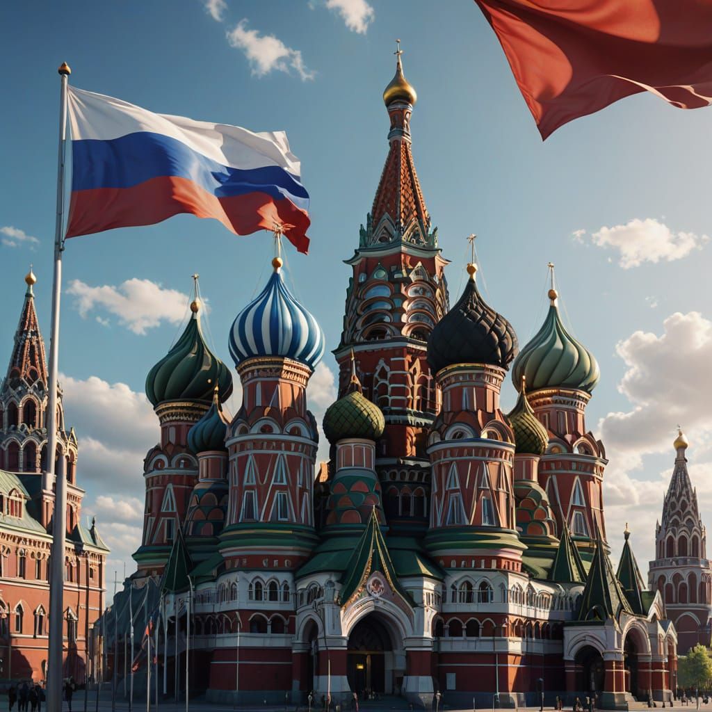 Realistic 3D Illustration of Waving Russian Flag and St. Bas...
