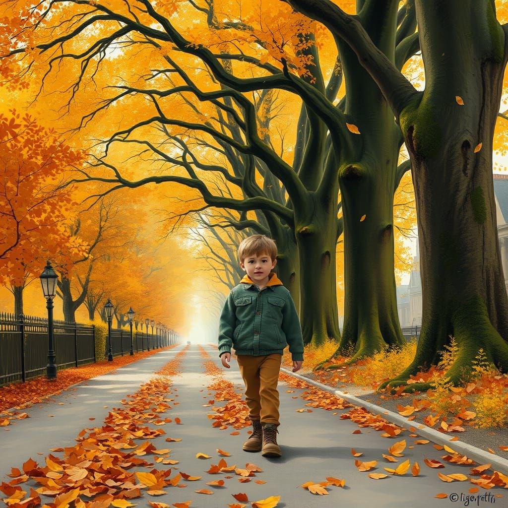 Boy Walking Along Autumn Avenue in Impressionist Style