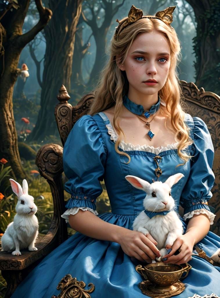 Alice in Wonderland with White Rabbit, Detailed Matte Painti...