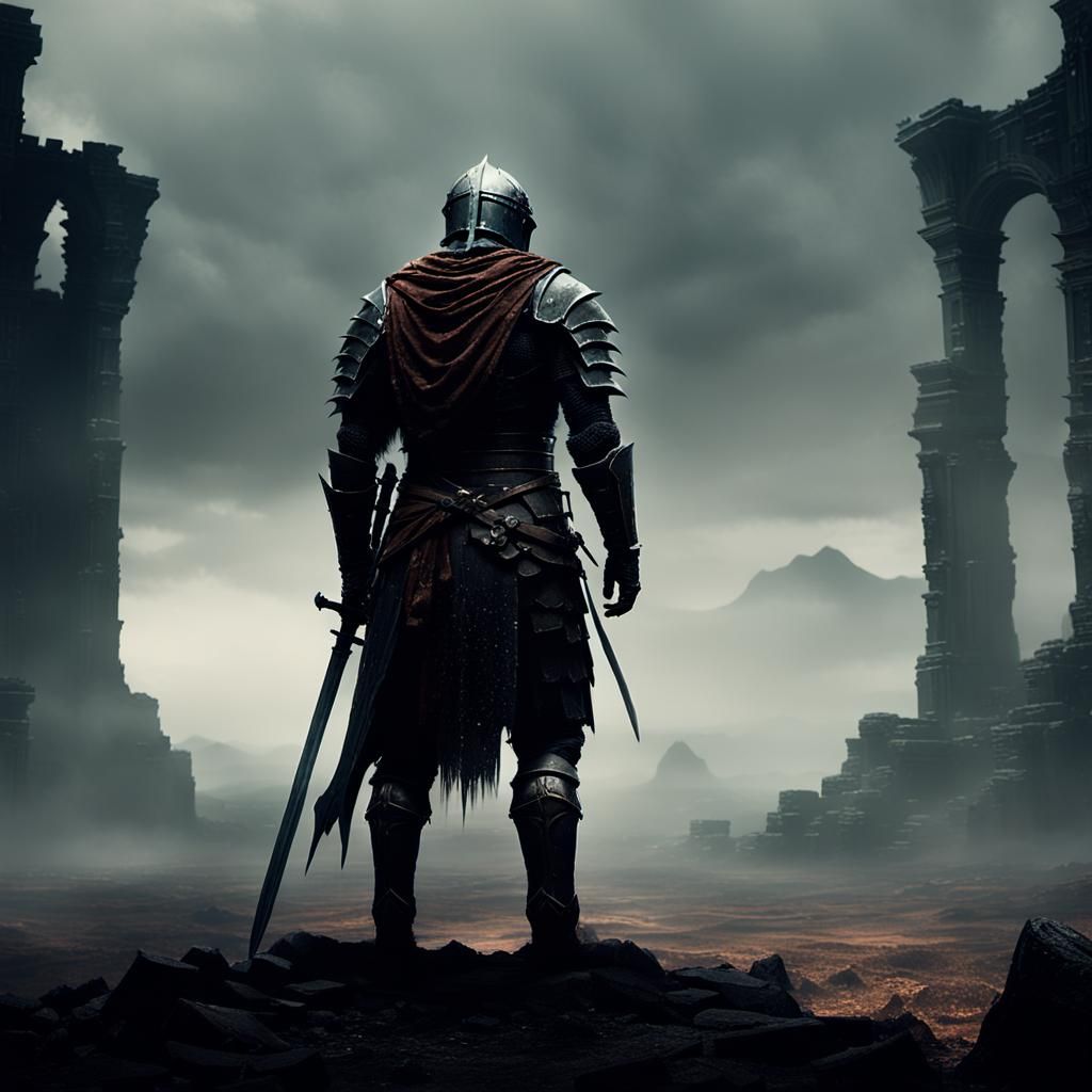 Desolate Warrior in Mist: Cinematic Dark Souls Scene
