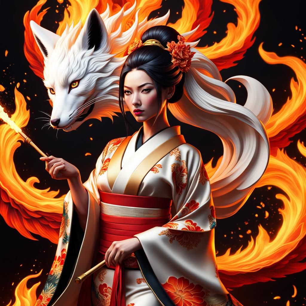 Kitsune Woman Casting Flames: Hyperrealistic Splash Art