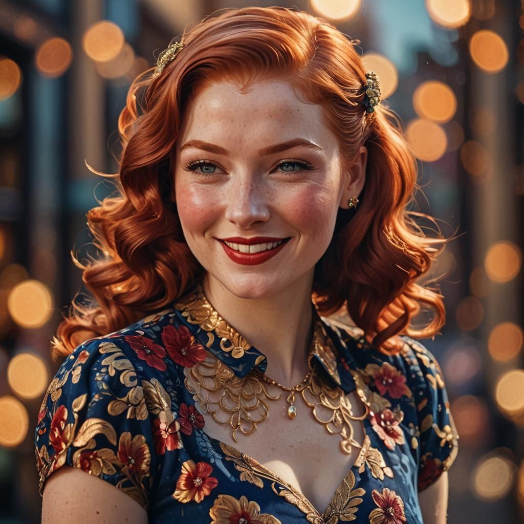 Redhead in 1940s Dress: Hyperrealistic Splash Art