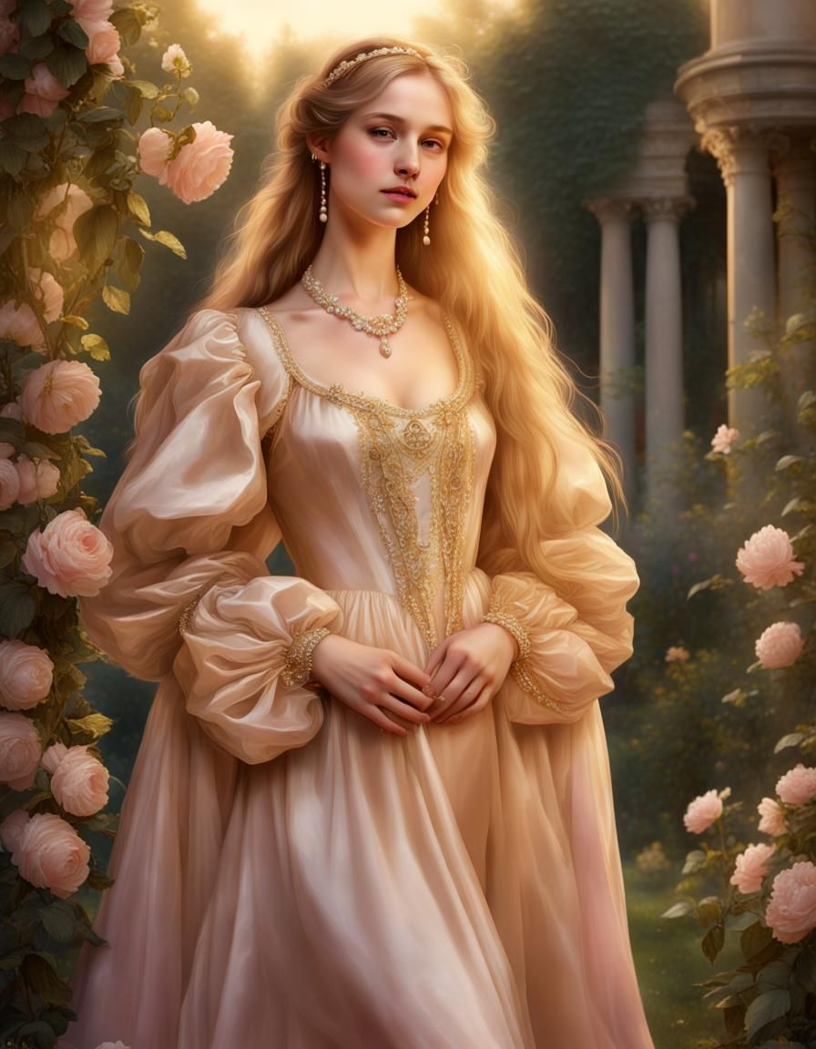 Renaissance Girl in Golden Gown, Artistic Painting