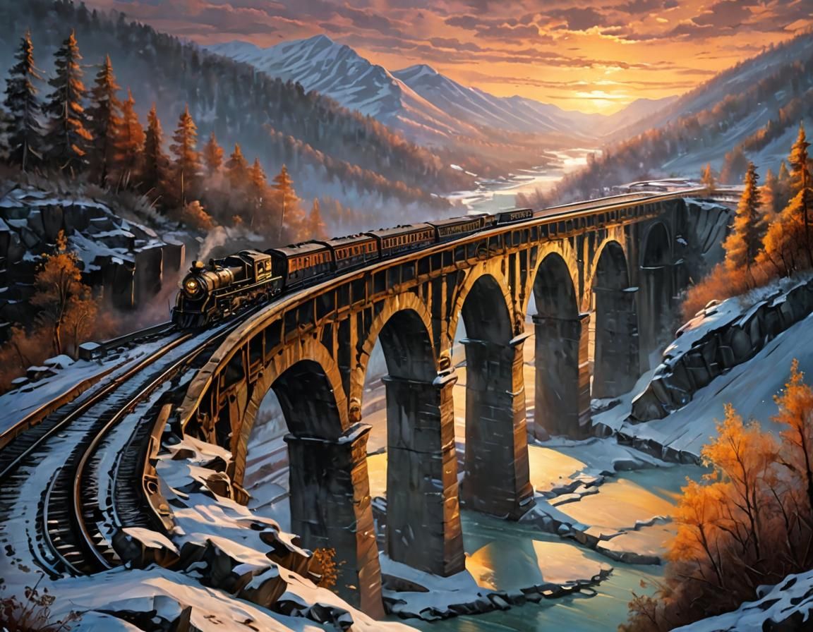 Steam Train Journey Over Snowy Valley: Acrylic Painting