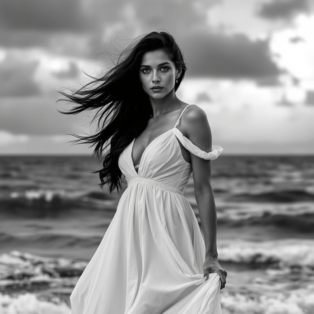Elegant Woman by the Sea: Black and White Photography