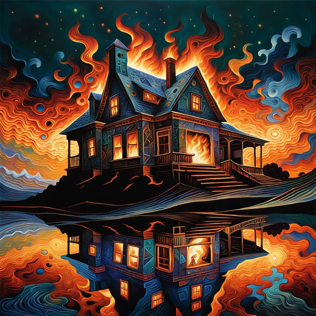 Celestial House Ablaze: Post-Impressionist Oil Painting