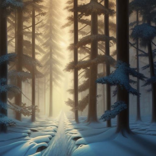 Sunlit Winter Forest: Ethereal Oil Painting