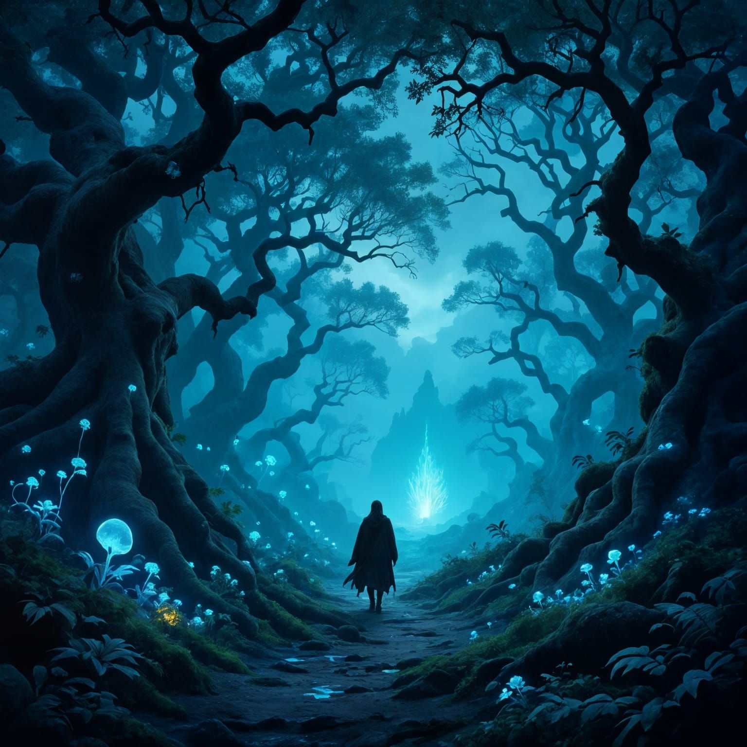 Ancient Forest Wanderer in Eerie Bioluminescent Light