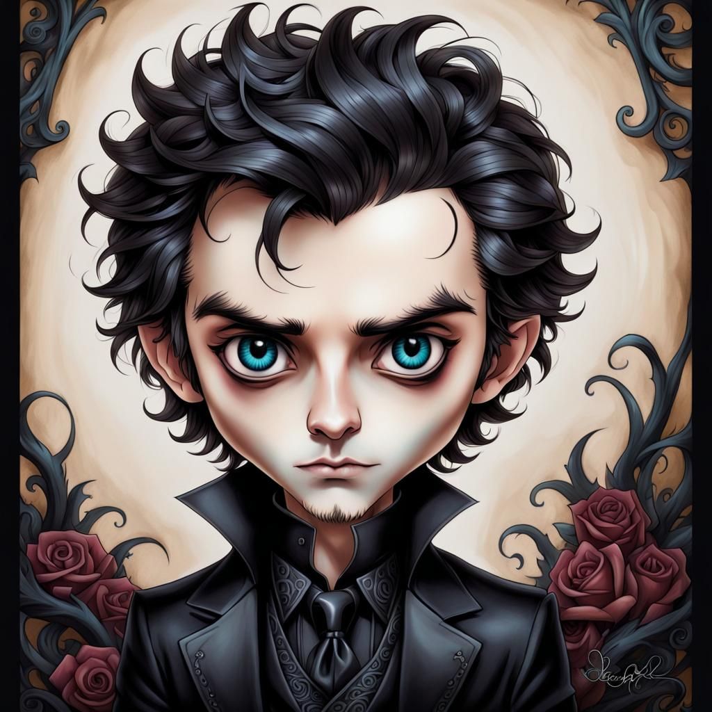 Handsome Gothic Chibi Male in Black Silk, Tattoo Sketch