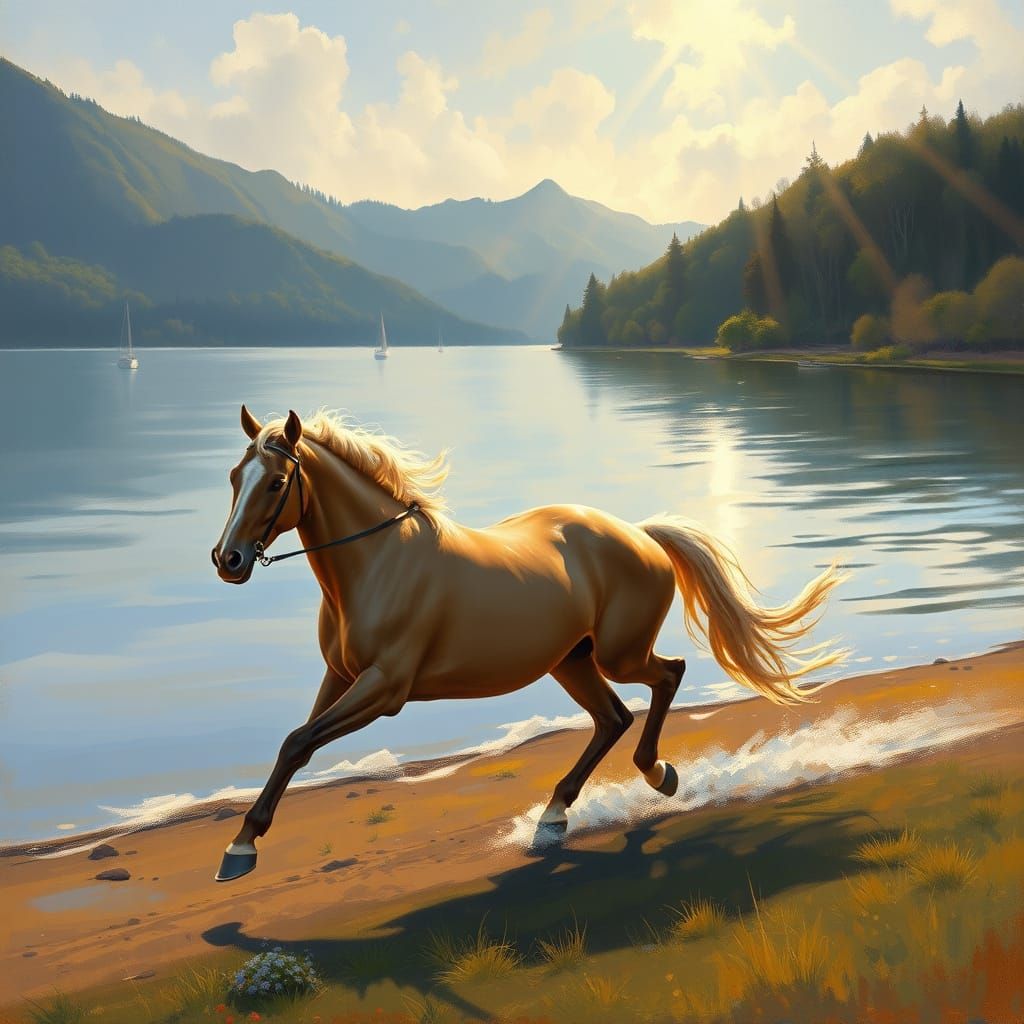 Horse Galloping by Lake: Impressionistic Style