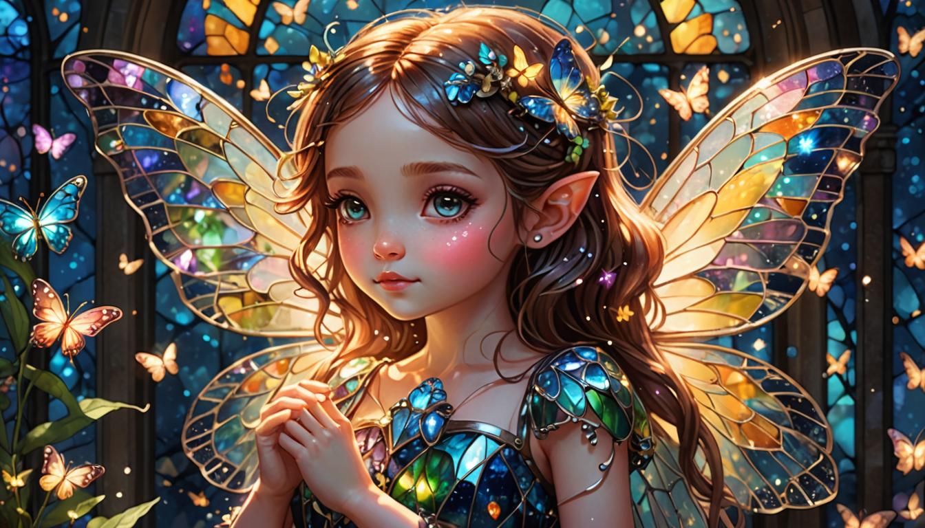 Glowing Fairy Girl with Stained Glass Wings