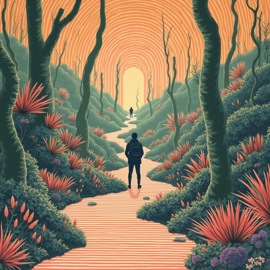 Surreal Botanical Labyrinth in Retro Screenprint Style